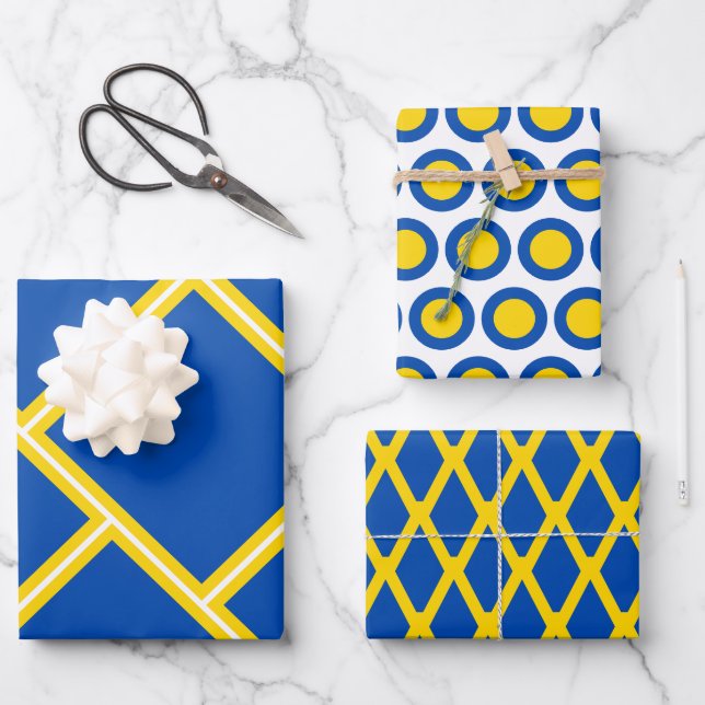 Modernes Cobalt Blue Gold Yellow Geometric Muster Geschenkpapier Set (Vorderseite)