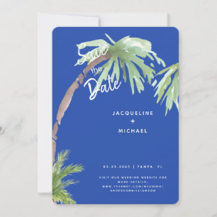 Modernes Cobalt Blue Tropical Rounded Save The Date