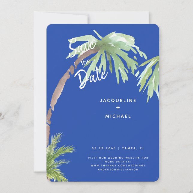 Modernes Cobalt Blue Tropical Rounded Save The Date (Vorderseite)