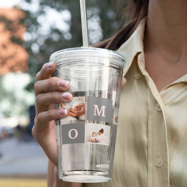 Modernes Collage Foto Beste Mama Rosa & Grau Gesch Acryltrinkbecher (Von Creator hochgeladen)