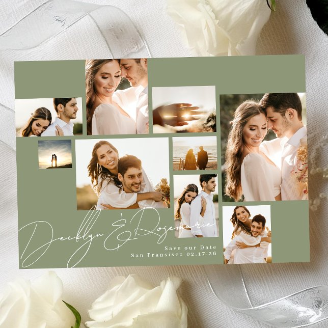 Modernes Collage Sage Green Multi-Foto Save The Date (Von Creator hochgeladen)