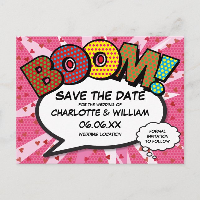 Modernes Comic Book Wedding Pink Save the Date Postkarte (Vorderseite)