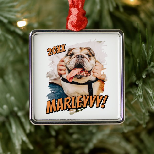 Modernes Comic Einfaches Grunge Custom Pet Foto Ornament Aus Metall (Baum)