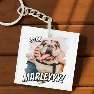 Modernes Comic Einfaches Grunge Custom Pet Foto Schlüsselanhänger