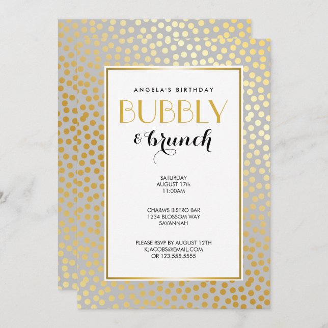Modernes Confetti-Tupfen-Muster-Grau und Gold Einladung (Vorne/Hinten)