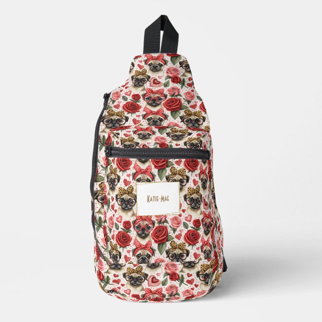 Modernes Coquette Mops Dog Muster Personalisiert Crossbody Bag (Vorderseite)