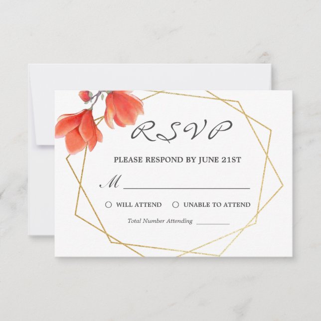 Modernes Coral Floral Gold Geometric Wedding RSVP (Vorderseite)