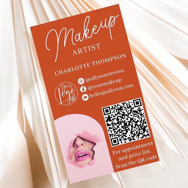 Modernes Cottoschminklogo Qr-Code 2 Fotos Visitenkarte (Modern terracotta makeup logo Qr code 2 photos Business Card)