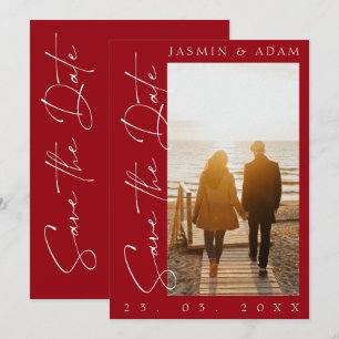 Modernes Crimson Red Script Typografy Foto Wedding Save The Date