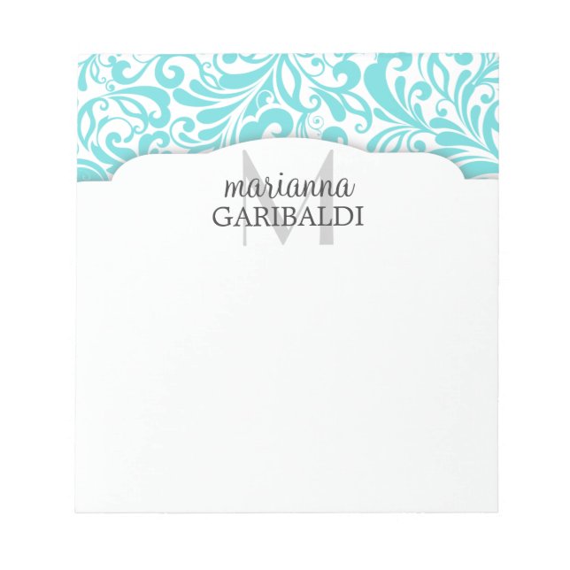 Modernes Damask Aqua Personalisiert Notizblock (Vorderseite)
