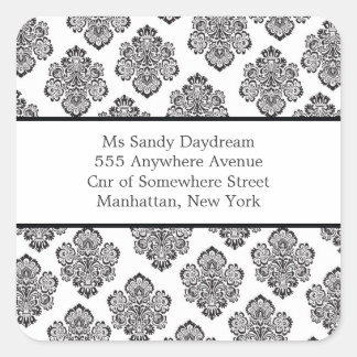 Modernes Damask Schwarz/Weiß-Adressenaufkleber Quadratischer Aufkleber