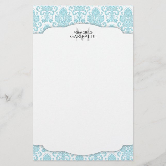 Modernes Damast-Aqua personalisiert Briefpapier (Vorderseite)