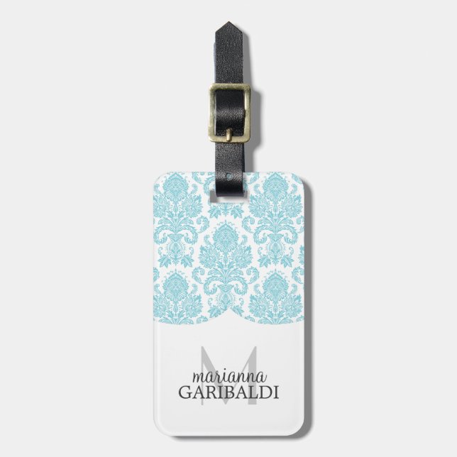 Modernes Damast-Aqua personalisiert Gepäckanhänger (Vorderseite vertikal)