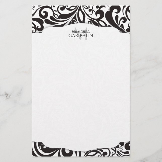 Modernes Damast-Schwarzes personalisiert Briefpapier (Vorderseite)