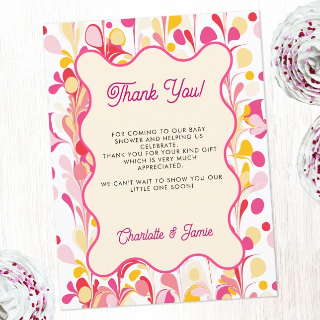 Modernes Dankeschön an Sie Retro Abstrakt Pink Postkarte (Fun retro marble groovy wavy pink yellow personalized custom text baby shower thank you postcard)