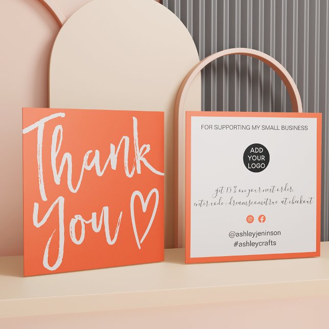 Modernes Dankeschön-Skript Ordnung minimale Korall Quadratische Visitenkarte (Modern thank you script order minimal coral orange square business card)