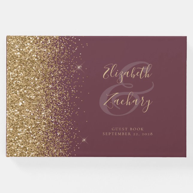 Modernes Dark Burgundy Gold Glitzer Script Gästebuch (Vorderseite)