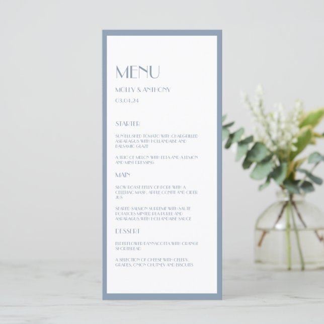 Modernes Deko Dusty Blue Wedding Flat Menu Menükarte (Stehend Vorderseite)