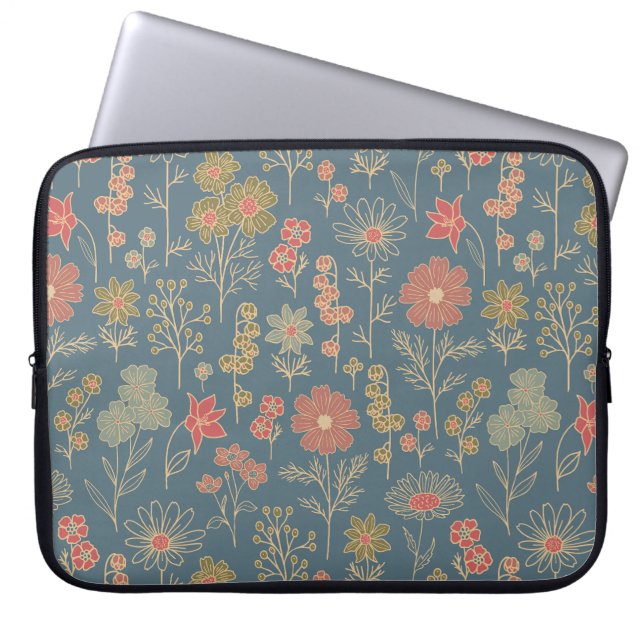 Modernes Denim Blue & Coral Floral Laptopschutzhülle (Vorderseite)