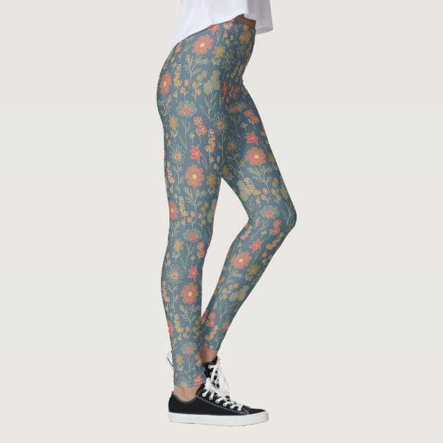Modernes Denim Blue & Coral Floral Leggings (Rechts)