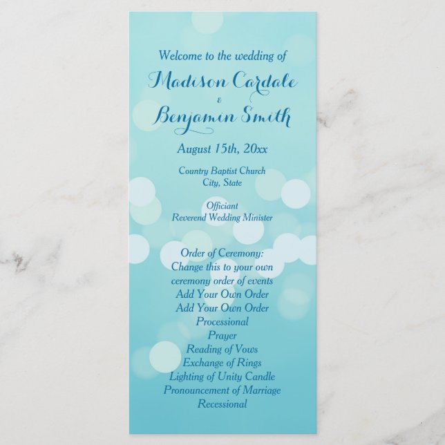 Modernes Design Aqua Blue Wedding Programm Vorlage (Vorderseite)