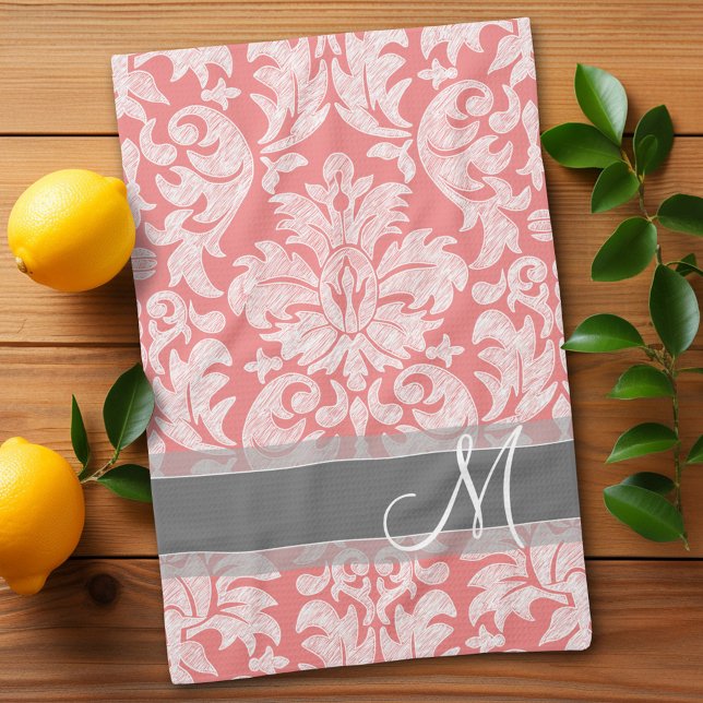Modernes Design der Spitzenmatte - Korallen und Gr Küchentuch (Damask pattern with monogram - personalized kitchen towel)