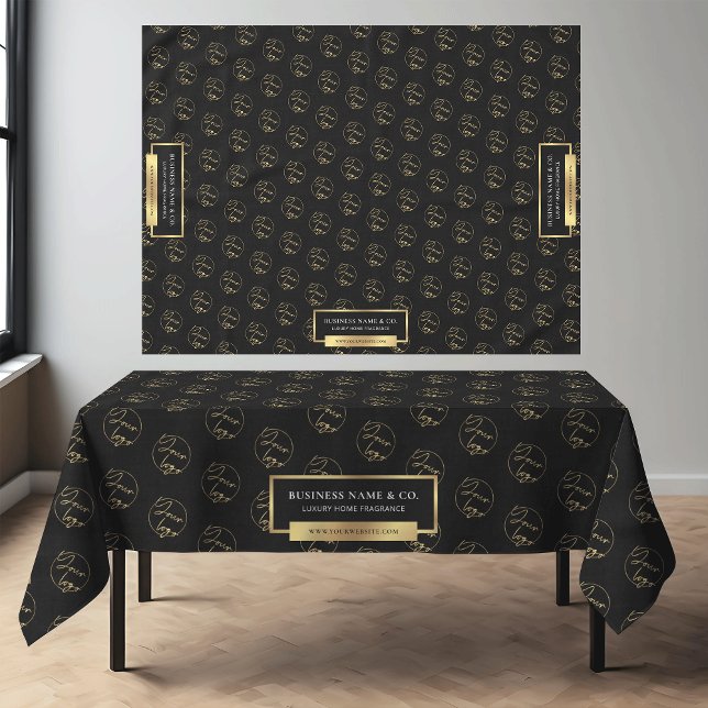 Modernes Design für Black & Gold-Firmenlogo Tischdecke (Elegant black and gold effects logo branded tablecloth for business *mockup bg is Ai generated*)