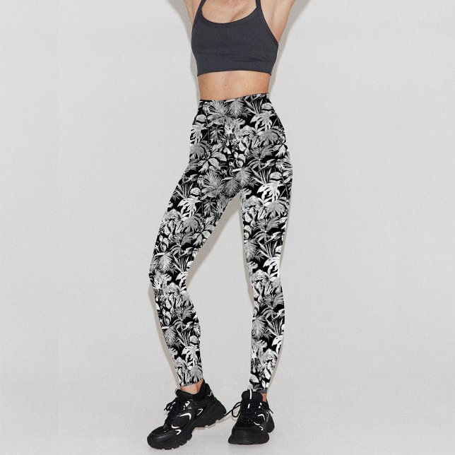 Modernes Design für Schwarz-weiße tropische Leaf-M Leggings (Modern leggings design with tropical leaf pattern in black and white, unique design for active lady )