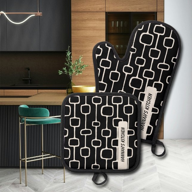 Modernes Design in Schwarz und Weiß Mitte des Jahr Ofenhandschuh & Topflappen-Set (Add a touch of class to your kitchen with this creamy white & black mid-century modern design. )