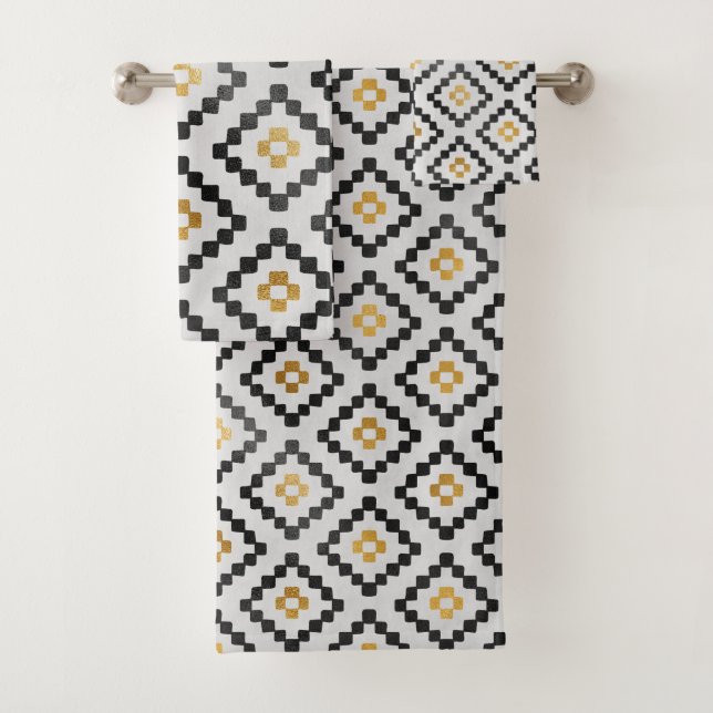 Modernes Design Schwarz Gray Gold Geometric Badhandtuch Set (Insitu)