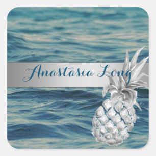 Modernes Design, Strand, See, Ananas Quadratischer Aufkleber