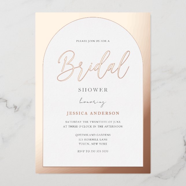 Modernes Designer Rose Gold Foil Arch Brautparty Folieneinladung (Vorderseite)
