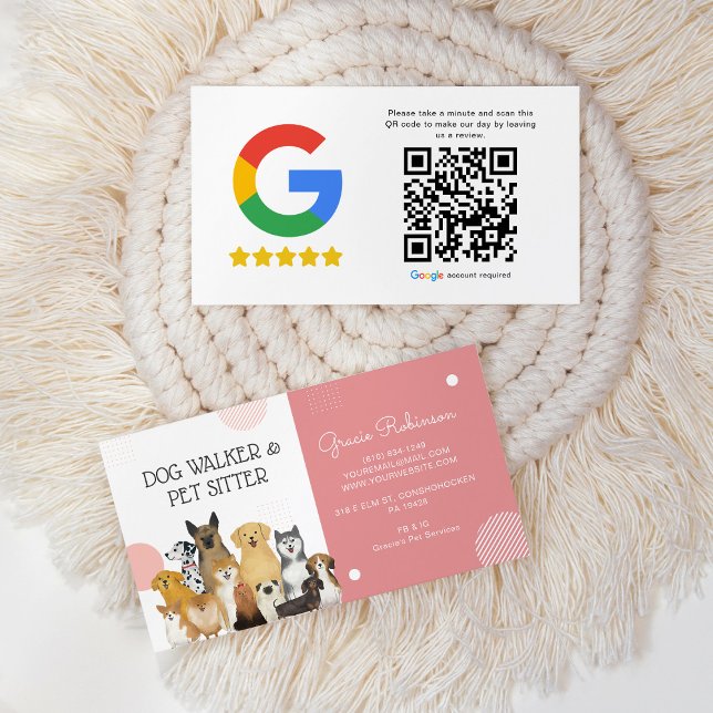 Modernes Dog Walker Pet Sitter Pink QR Review Visitenkarte (Von Creator hochgeladen)