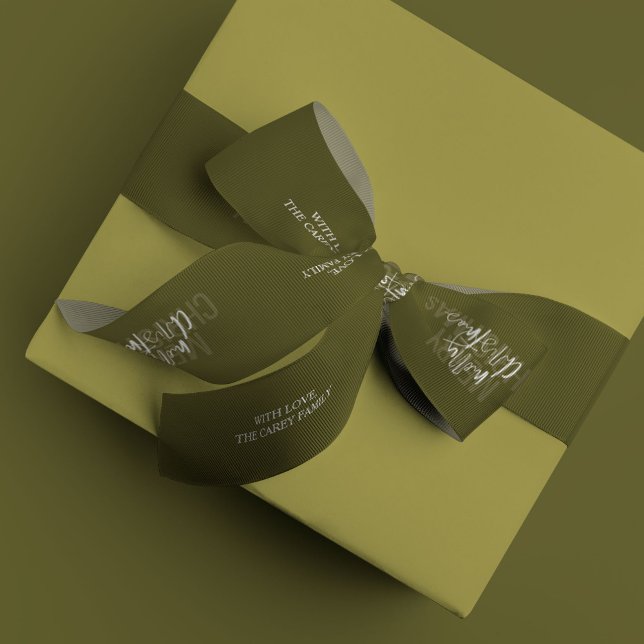 Modernes, doppeltes frohes Weihnachts-Grün individ Satinband (Green personalized family name Merry Christmas holiday ribbon)