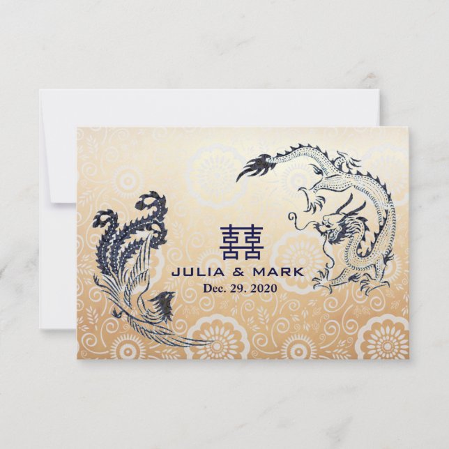 Modernes Dragon-Phoenix-Chinesisch-Hochzeit-RSVP RSVP Karte (Vorderseite)