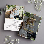 Modernes Drehbuch 2 Fotos schwarz mit Online-UAWG Folieneinladung<br><div class="desc">Eine moderne und trendige doppelseitige Einladung zur Hochzeit, die Ihre Hochzeitsinformationen über eines Ihrer Lieblingsfotos mit einem schwarzen transparenten Overlay und eleganter Schriftzeichen-Typografie in echter Goldfolie präsentiert. Einfach anpassbar mit den Details Ihrer Hochzeitsfeier in Weiß und den Namen der Braut und Bräuche in echter Goldfolie, für einen romantischen, aber modernen...</div>