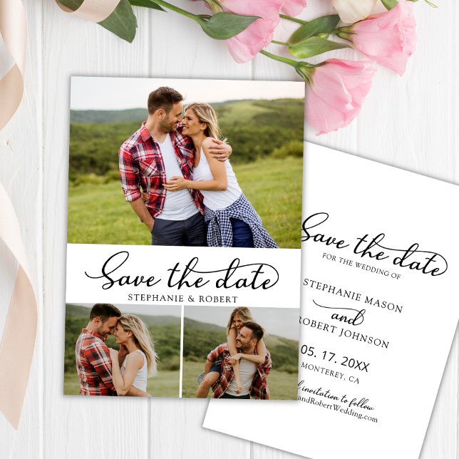 Modernes Drehbuch 3 Foto Collage Wedding Save The Date (Von Creator hochgeladen)