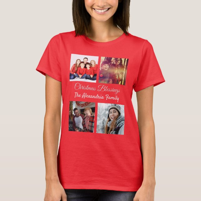 Modernes Drehbuch 4 Foto Collage Familie Weihnacht T-Shirt (Vorderseite)