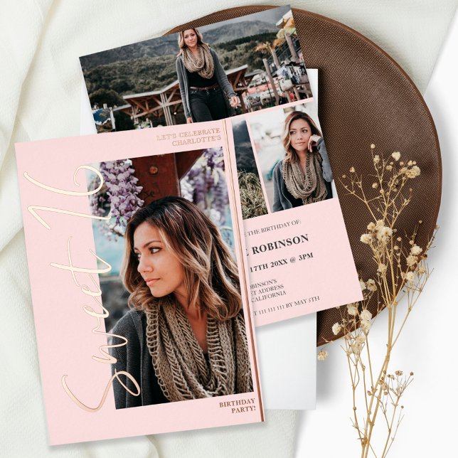 Modernes Drehbuch 4 Foto Rosa Sweet 16 Rose Gold Folieneinladung (Von Creator hochgeladen)