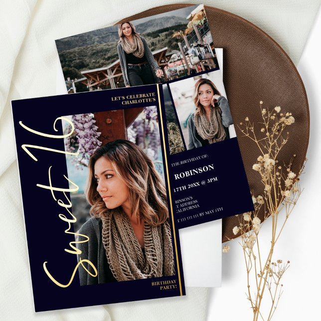 Modernes Drehbuch 4 Fotos schwarz Sweet 16 gold Folieneinladung (Von Creator hochgeladen)