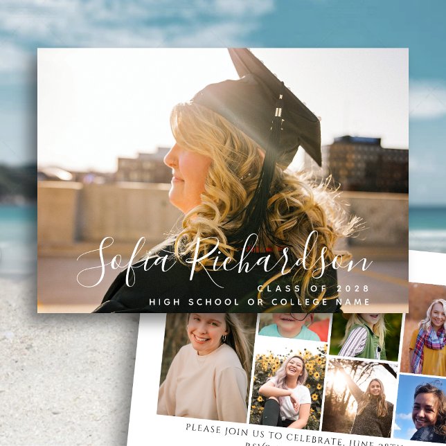 Modernes Drehbuch 8 Fotolage Einfaches Abschluss Einladung (Von Creator hochgeladen)