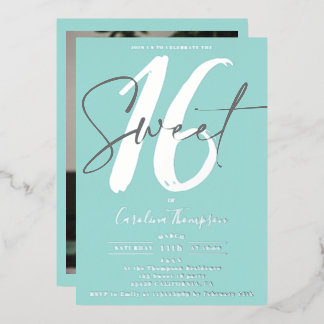 Modernes Drehbuch aquamarines blaues Foto Sweet 16 Folieneinladung