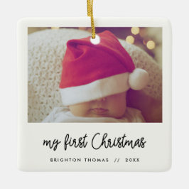 Modernes Drehbuch Baby's First Christmas Foto Keramikornament