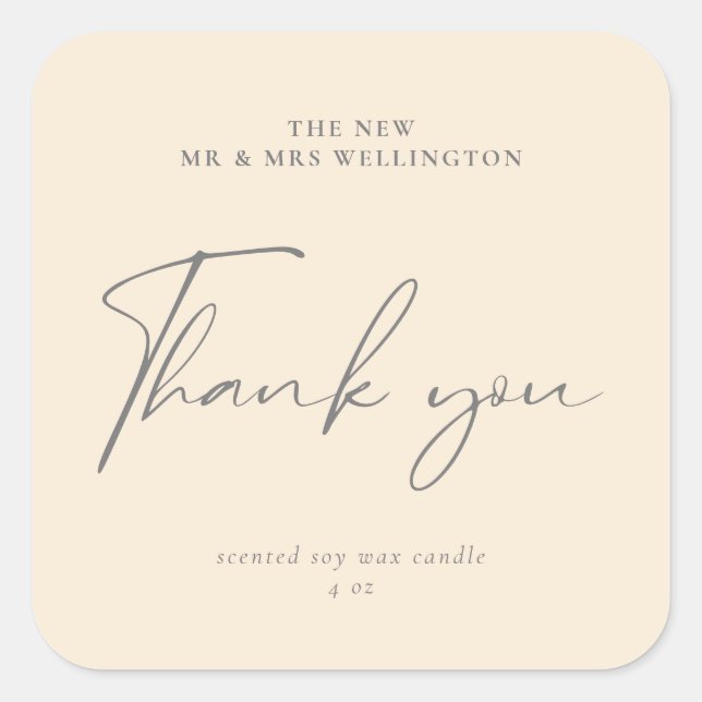 Modernes Drehbuch Beige Weiße Gastgeschenk Hochzei Quadratischer Aufkleber (Vorderseite)