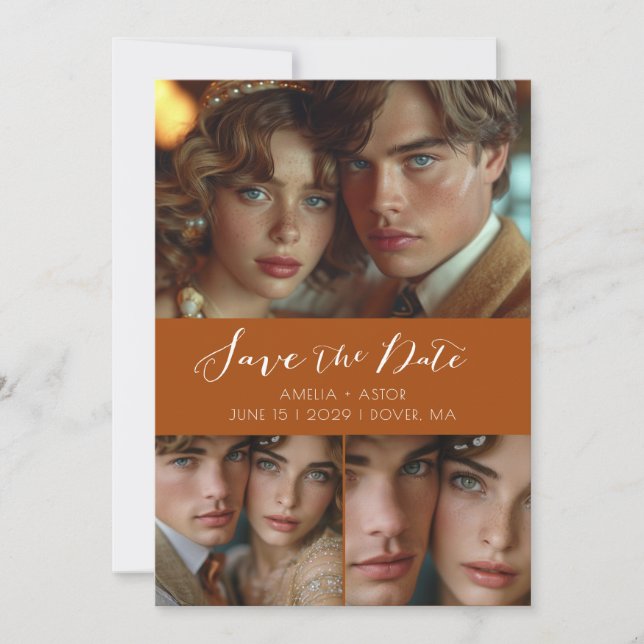 Modernes Drehbuch Collage Terracotta Save The Date (Vorderseite)