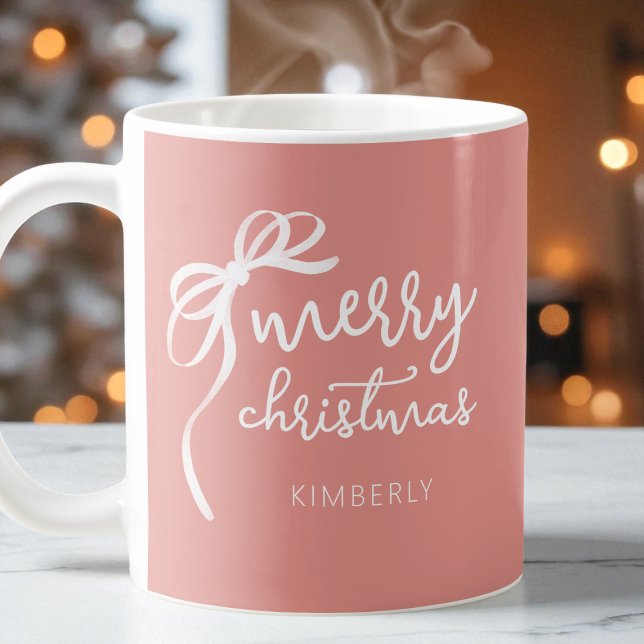 Modernes Drehbuch Elegant Bow Pink Frohe Weihnacht Kaffeetasse (Modern Script Elegant Bow Pink Merry Christmas Coffee Mug)