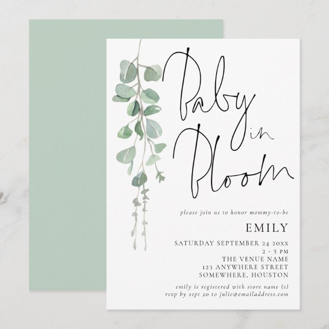 Modernes Drehbuch Eucalyptus Baby in Blütendusche Einladung (Vorne/Hinten)