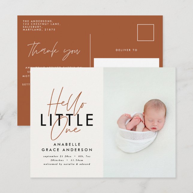 Modernes Drehbuch-Foto hallo Klein Ankündigungspostkarte (Vorne/Hinten)