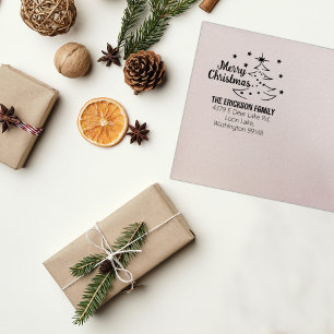 Modernes Drehbuch Frohe Weihnachtsbaum-Rücksendead Gummistempel