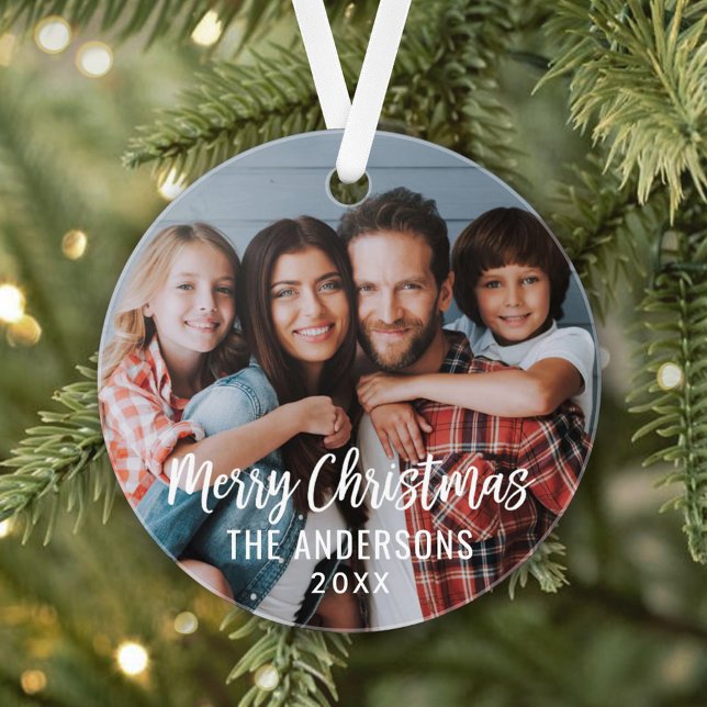 Modernes Drehbuch Frohe Weihnachtsfamilie Foto Ornament (Von Creator hochgeladen)